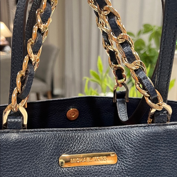 Michael Kors Dark Blue Tote with Gold Chain - Picture 7 of 16